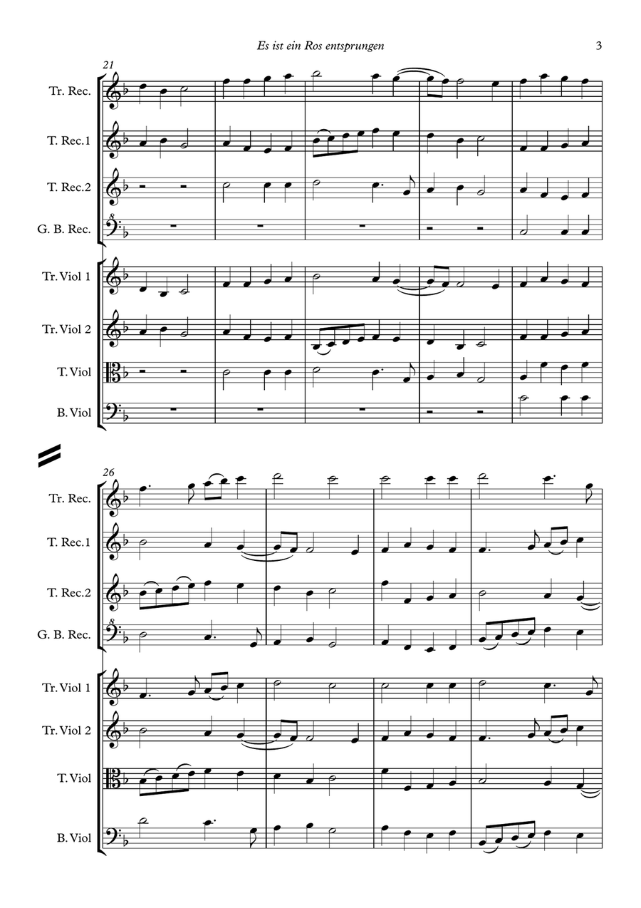 Es ist ein Ros Entsprungen (Lo, how a rose e'er blooming) for recorder quartet and string quartet Large Ensemble scores gallery preview page 5