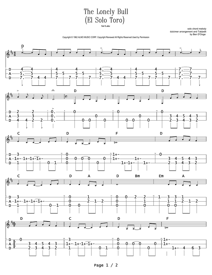 The Lonely Bull The Lonely Bull Dulcimer scores gallery preview page 1