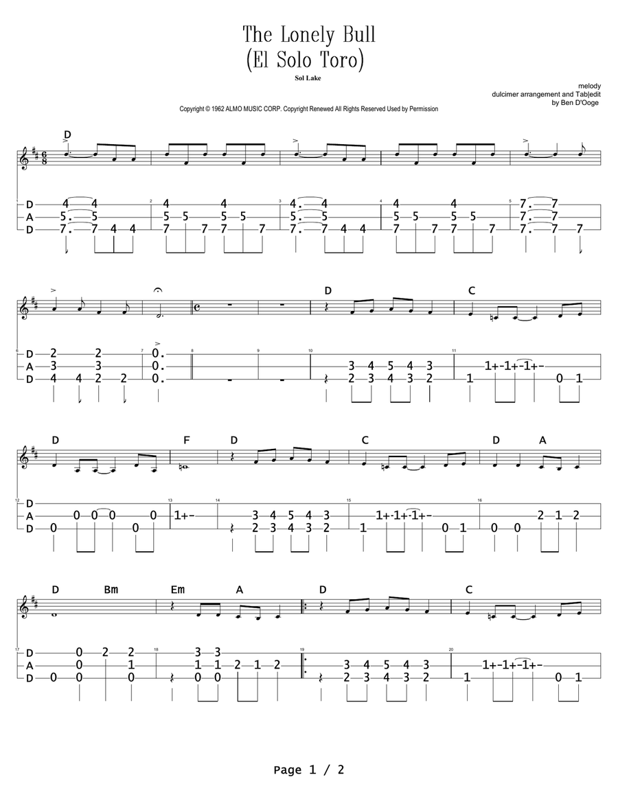 The Lonely Bull The Lonely Bull Dulcimer scores gallery preview page 1