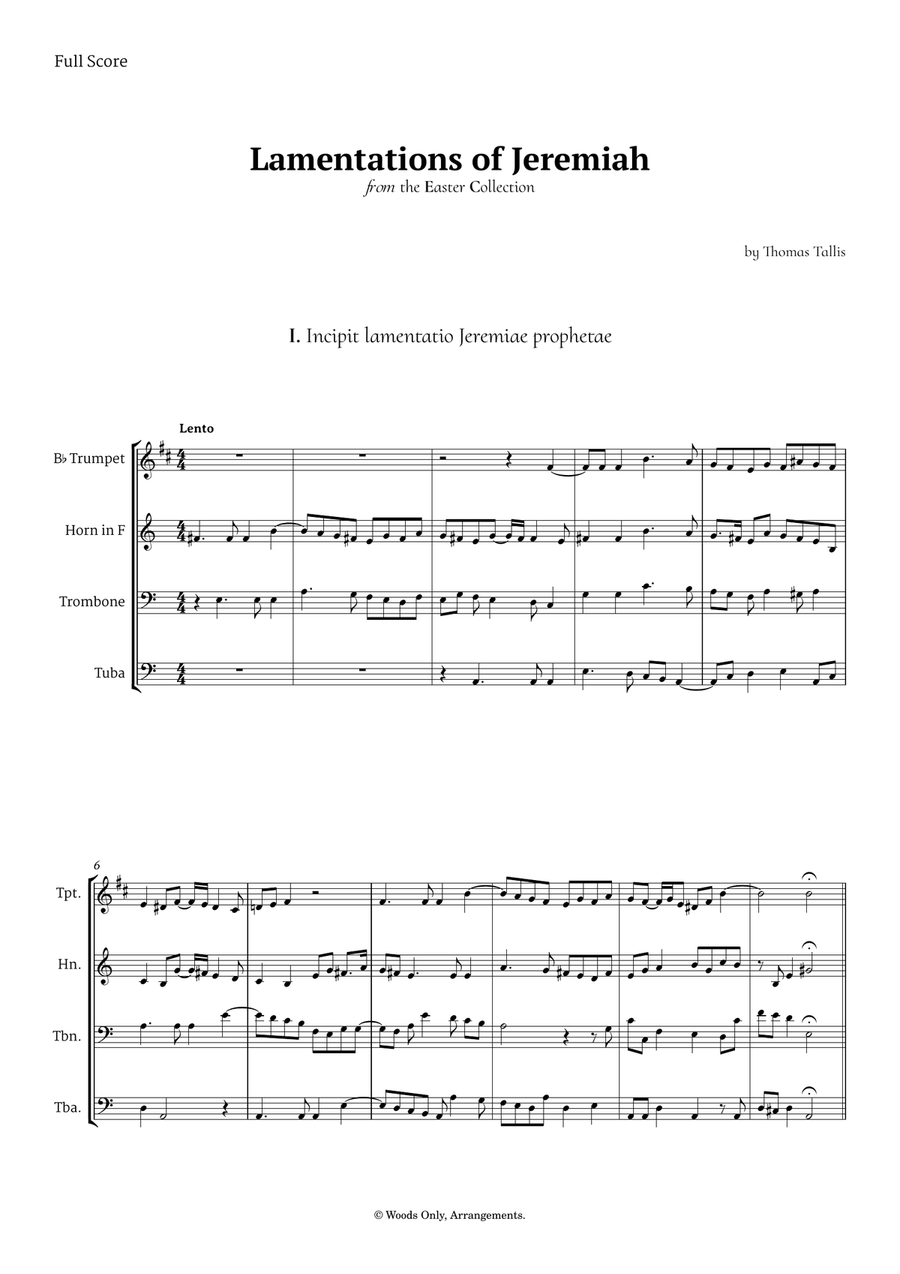 Lamentations of Jeremiah by Thomas Tallis for Brass Quartet Brass Quartet scores gallery preview page 1
