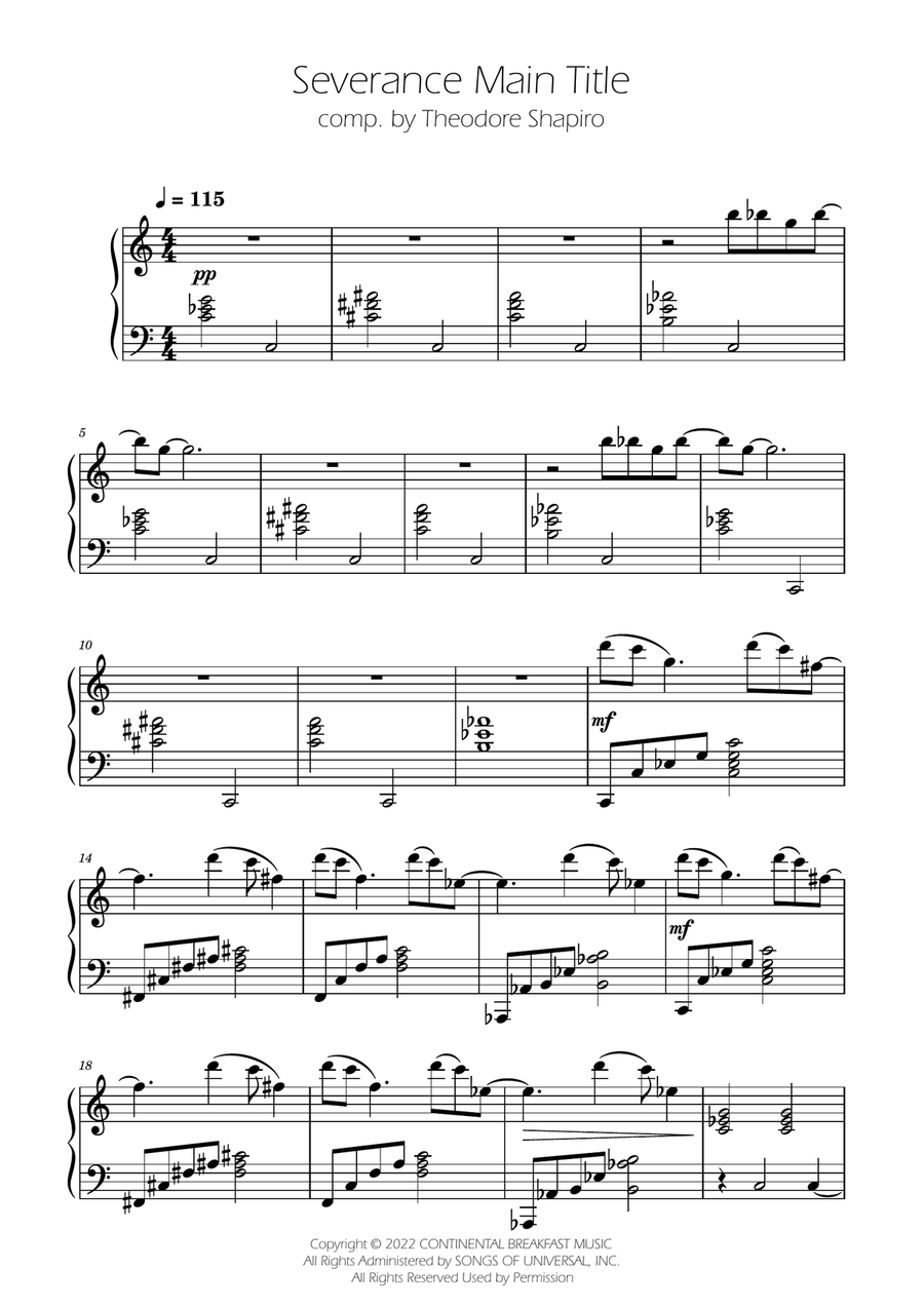 Severance - Main Title Theme Easy Piano scores gallery preview page 1
