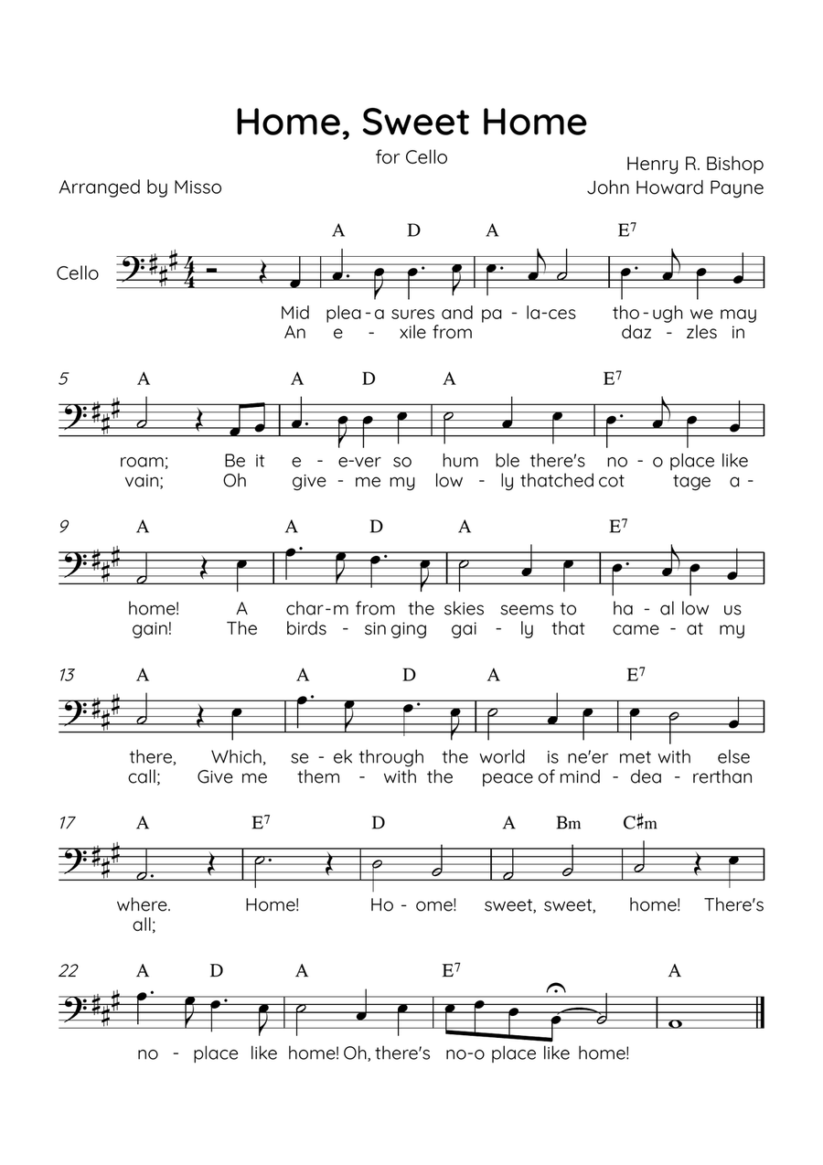 Home! Sweet Home! - Cello Solo in A Major - Lyrics & Chords - Easy Level Sheet Music Cello Solo scores gallery preview page 1