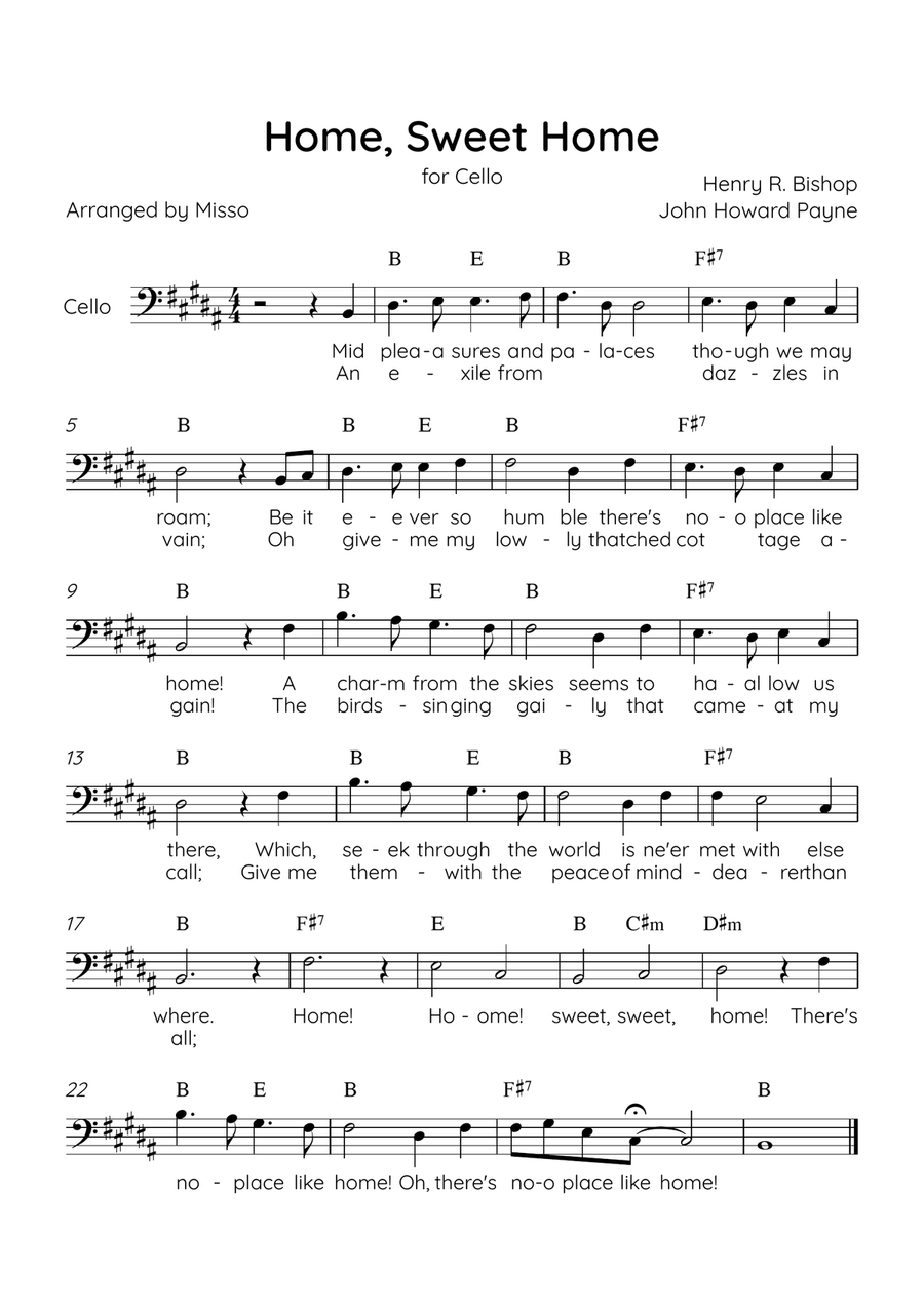 Home! Sweet Home! - Cello Solo in B Major - Lyrics & Chords - Easy Level Sheet Music Cello Solo scores gallery preview page 1