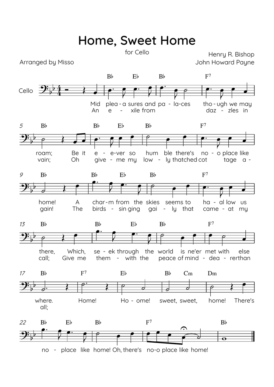 Home! Sweet Home! - Cello Solo in Bb Major - Lyrics & Chords - Easy Level Sheet Music Cello Solo scores gallery preview page 1