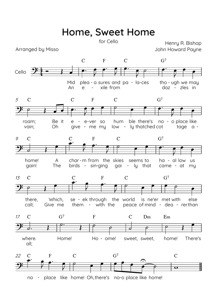Home! Sweet Home! - Cello Solo in C Major - Lyrics & Chords - Easy Level Sheet Music Cello Solo scores gallery preview page 1