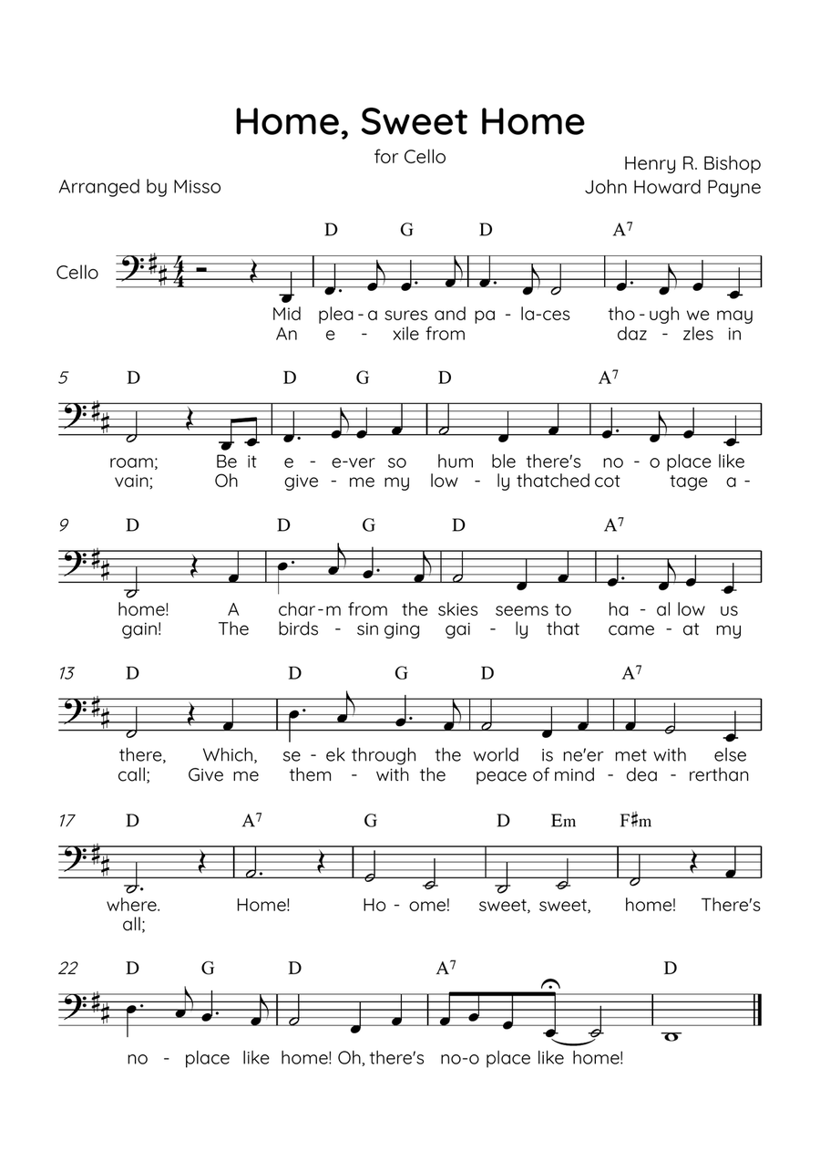 Home! Sweet Home! - Cello Solo in D Major - Lyrics & Chords - Easy Level Sheet Music Cello Solo scores gallery preview page 1