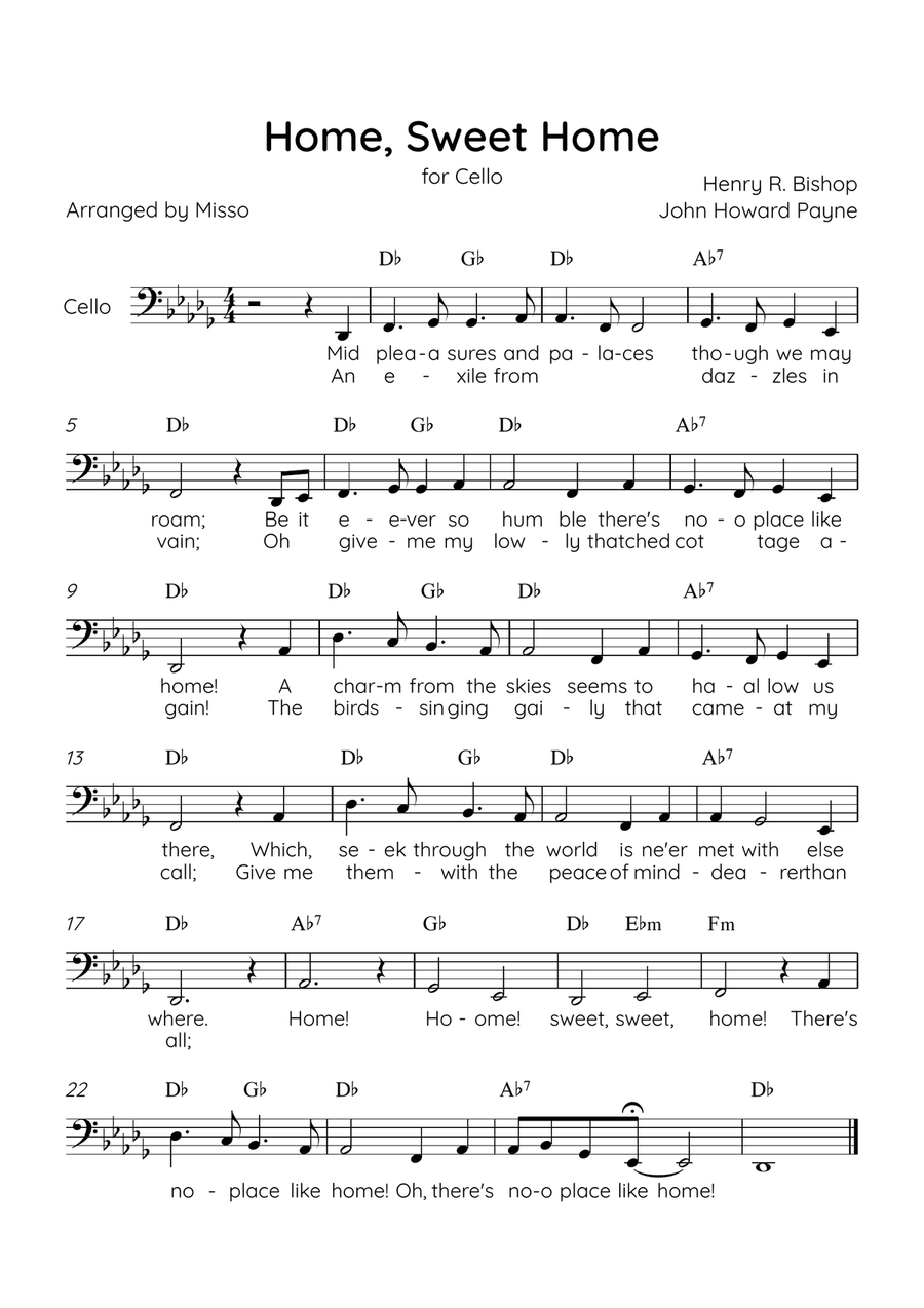 Home! Sweet Home! - Cello Solo in Db Major - Lyrics & Chords - Easy Level Sheet Music Cello Solo scores gallery preview page 1
