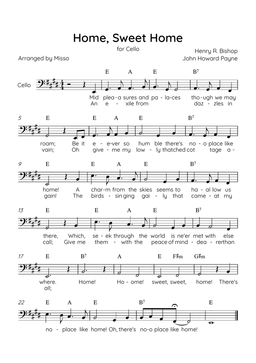 Home! Sweet Home! - Cello Solo in E Major - Lyrics & Chords - Easy Level Sheet Music Cello Solo scores gallery preview page 1
