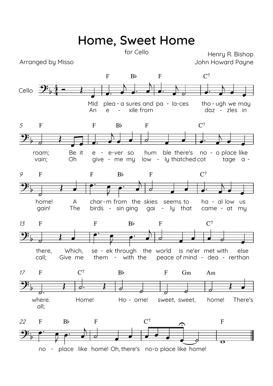 Home! Sweet Home! - Cello Solo in F Major - Lyrics & Chords - Easy Level Sheet Music Cello Solo scores gallery preview page 1