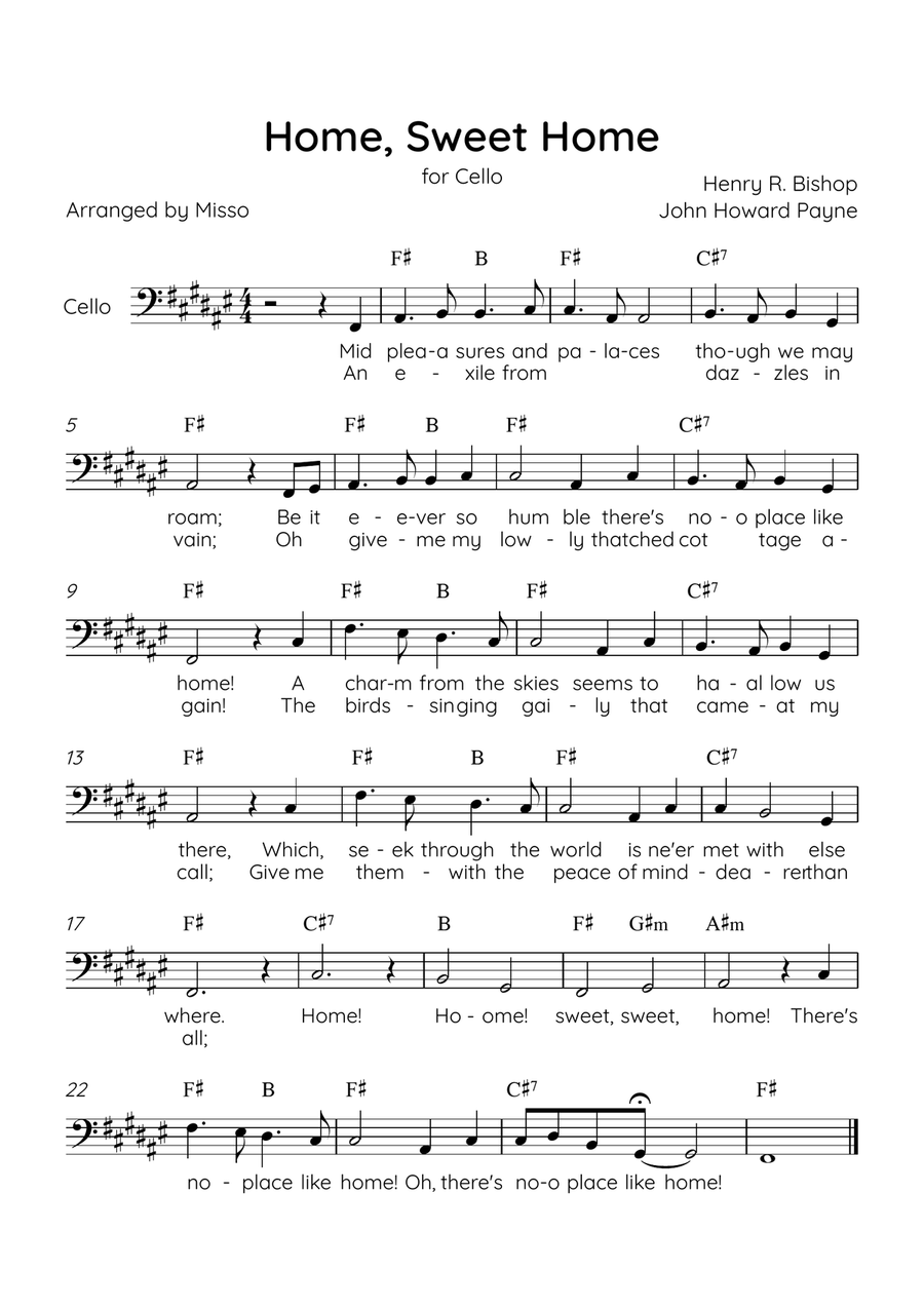 Home! Sweet Home! - Cello Solo in F# Major - Lyrics & Chords - Easy Level Sheet Music Cello Solo scores gallery preview page 1