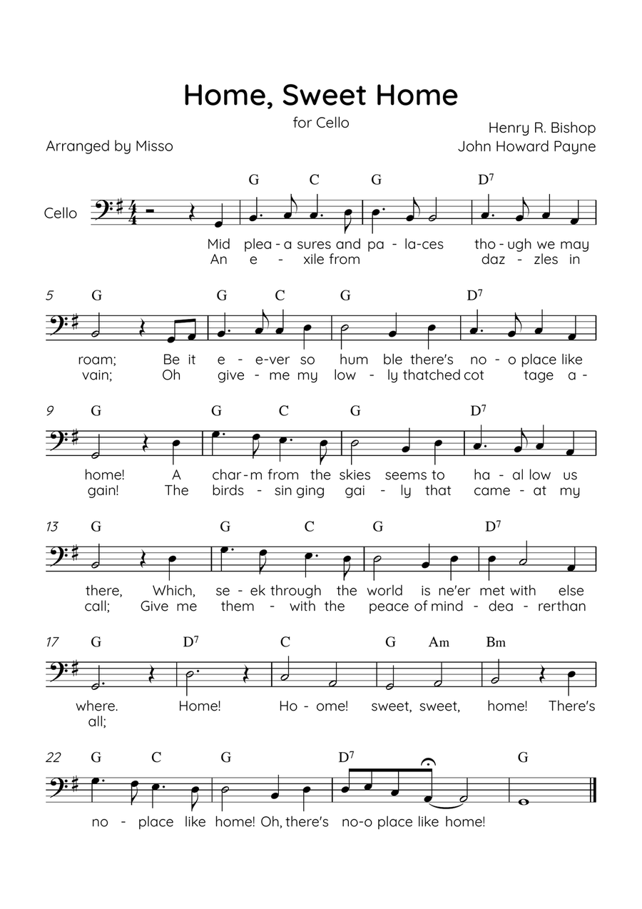Home! Sweet Home! - Cello Solo in G Major - Easy Level - Sheet Music Cello Solo scores gallery preview page 1