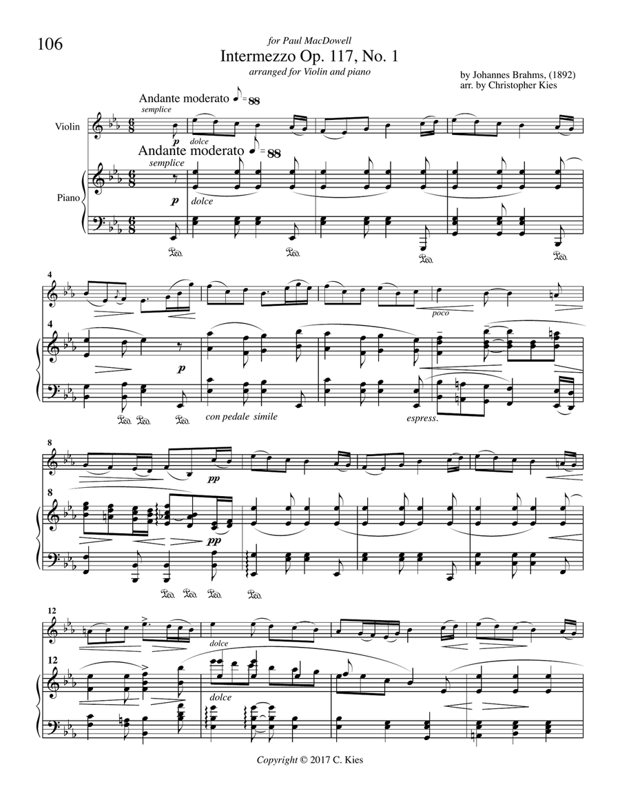 Three Intermezzi Opus 117 by Johannes Brahms for Violin and Piano Chamber Music scores gallery preview page 4