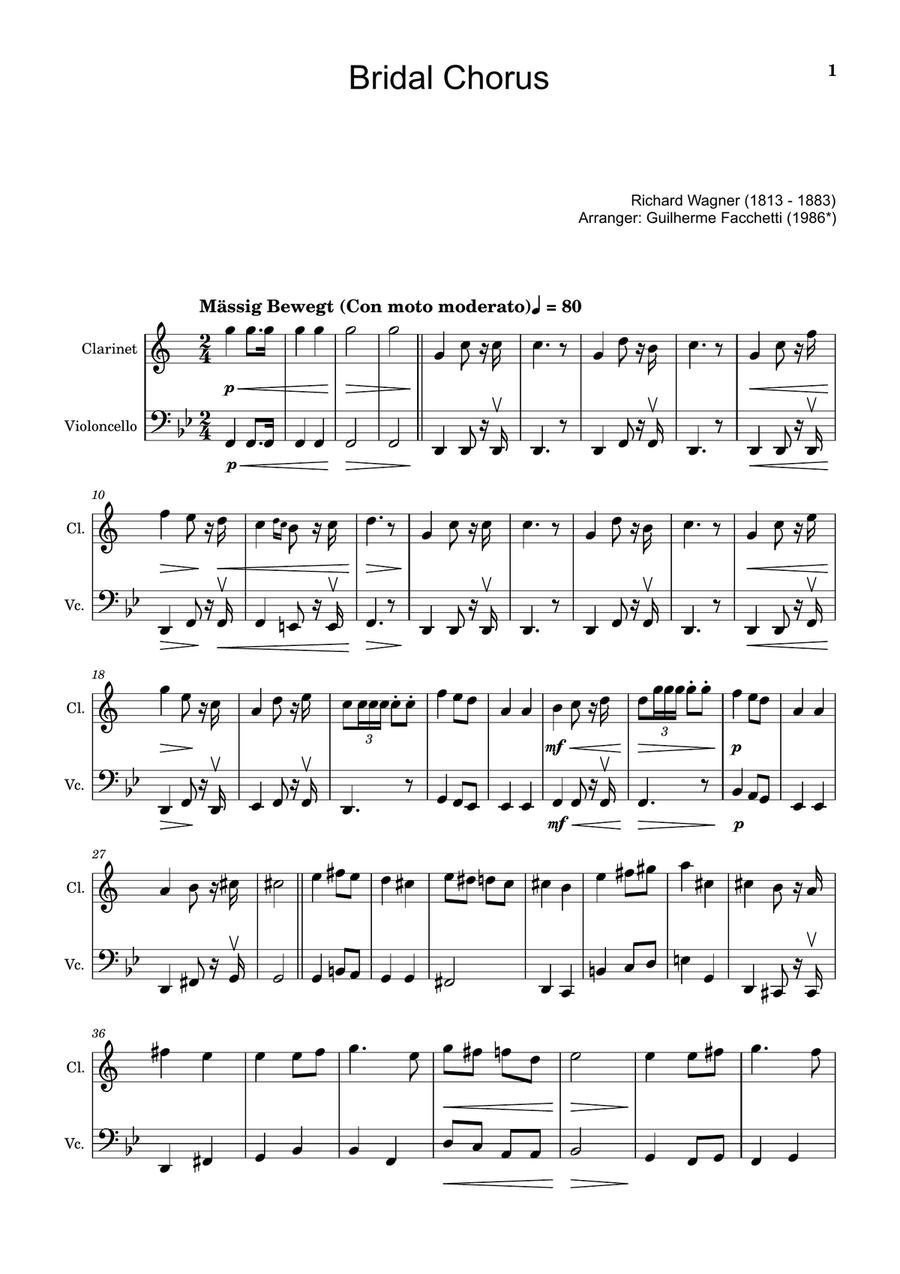 Bridal Chorus. R. Wagner - Arranged for Clarinet and Cello Chamber Music scores gallery preview page 1