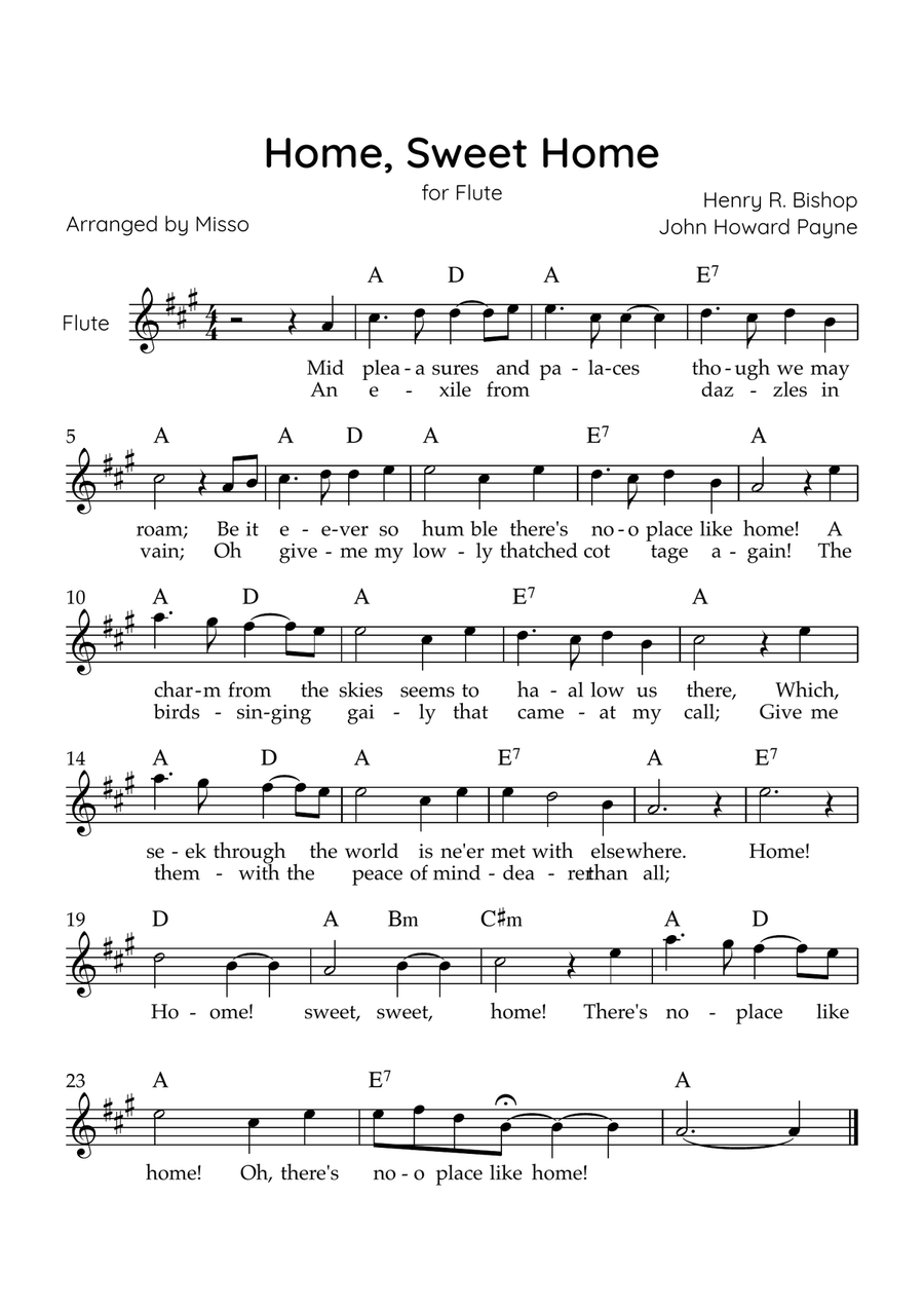 Home! Sweet Home! - Flute Solo in A Major - Lyrics & Chords - Easy Level Sheet Music Flute Solo scores gallery preview page 1