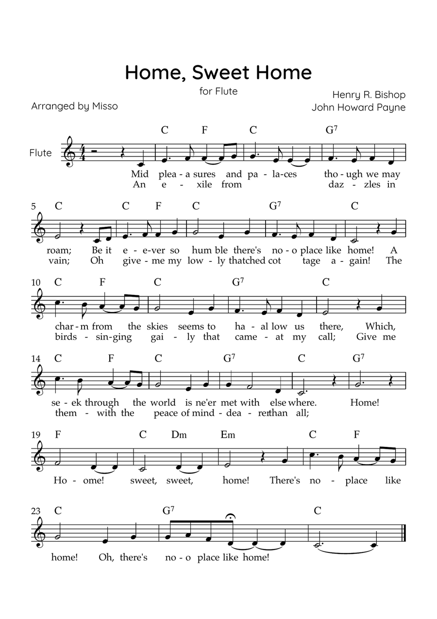 Home! Sweet Home! - Flute Solo in C Major - Lyrics & Chords - Easy Level Sheet Music Flute Solo scores gallery preview page 1