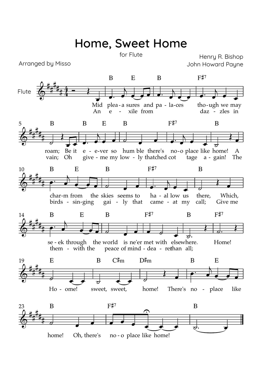 Home! Sweet Home! - Flute Solo in B Major - Lyrics & Chords - Easy Level Sheet Music Flute Solo scores gallery preview page 1