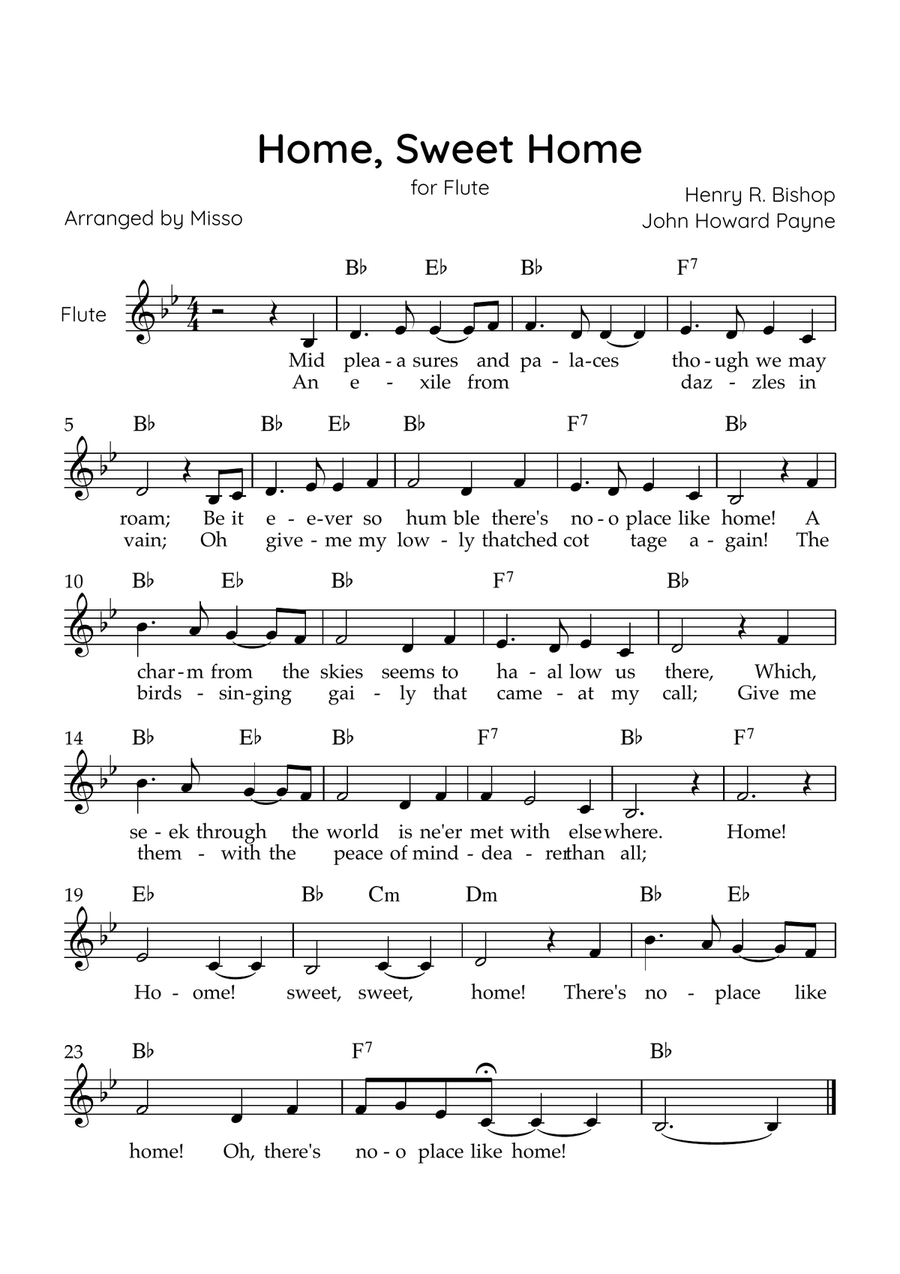 Home! Sweet Home! - Flute Solo in Bb Major - Lyrics & Chords - Easy Level Sheet Music Flute Solo scores gallery preview page 1