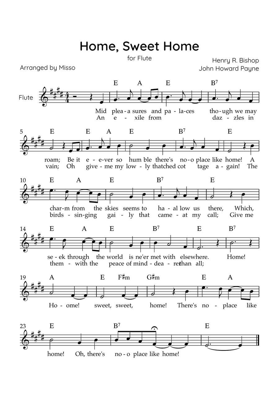 Home! Sweet Home! - Flute Solo in E Major - Lyrics & Chords - Easy Level Sheet Music Flute Solo scores gallery preview page 1