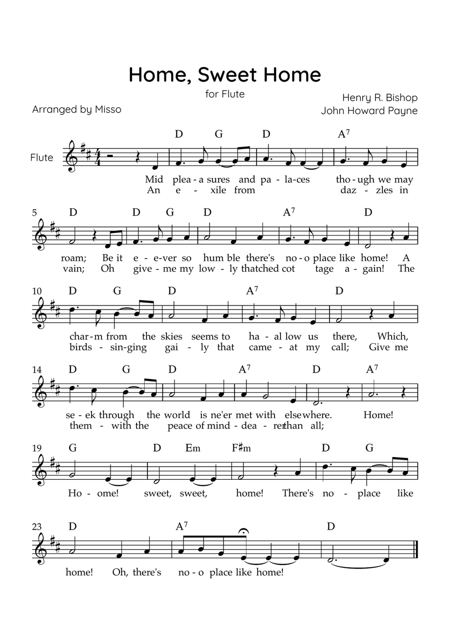 Home! Sweet Home! - Flute Solo in D Major - Lyrics & Chords - Easy Level Sheet Music Flute Solo scores gallery preview page 1