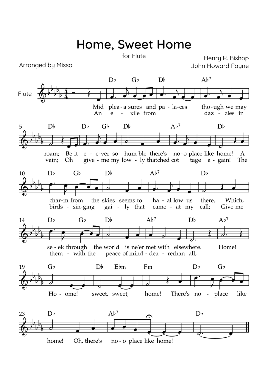 Home! Sweet Home! - Flute Solo in Db Major - Lyrics & Chords - Easy Level Sheet Music Flute Solo scores gallery preview page 1