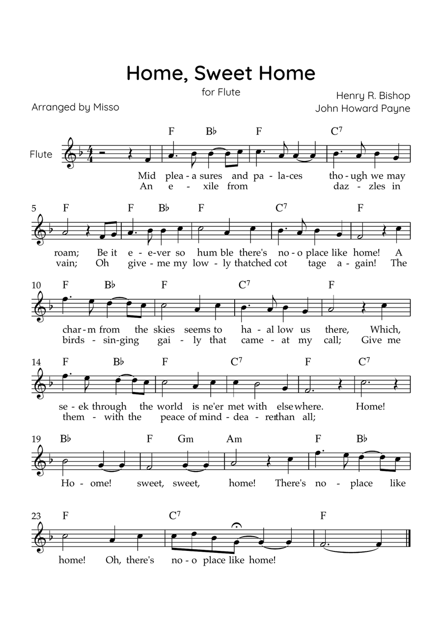 Home! Sweet Home! - Flute Solo in F Major - Lyrics & Chords - Easy Level Sheet Music Flute Solo scores gallery preview page 1