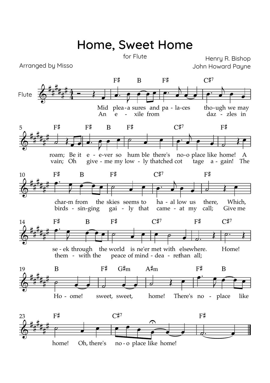 Home! Sweet Home! - Flute Solo in F# Major - Lyrics & Chords - Easy Level Sheet Music Flute Solo scores gallery preview page 1