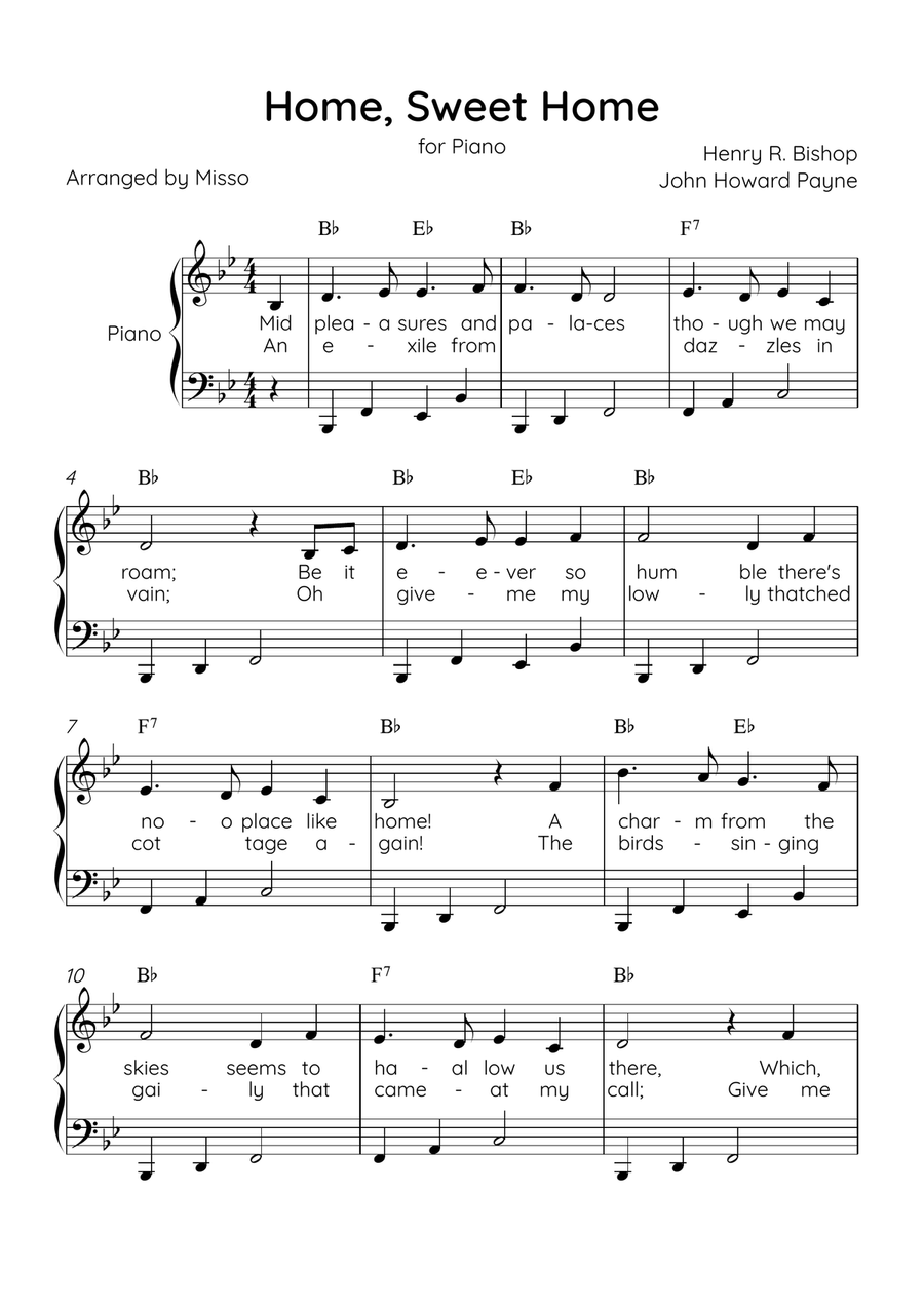 Home! Sweet Home! - Piano Solo in Bb Major - Lyrics & Chords - Easy Level Sheet Music Easy Piano scores gallery preview page 1