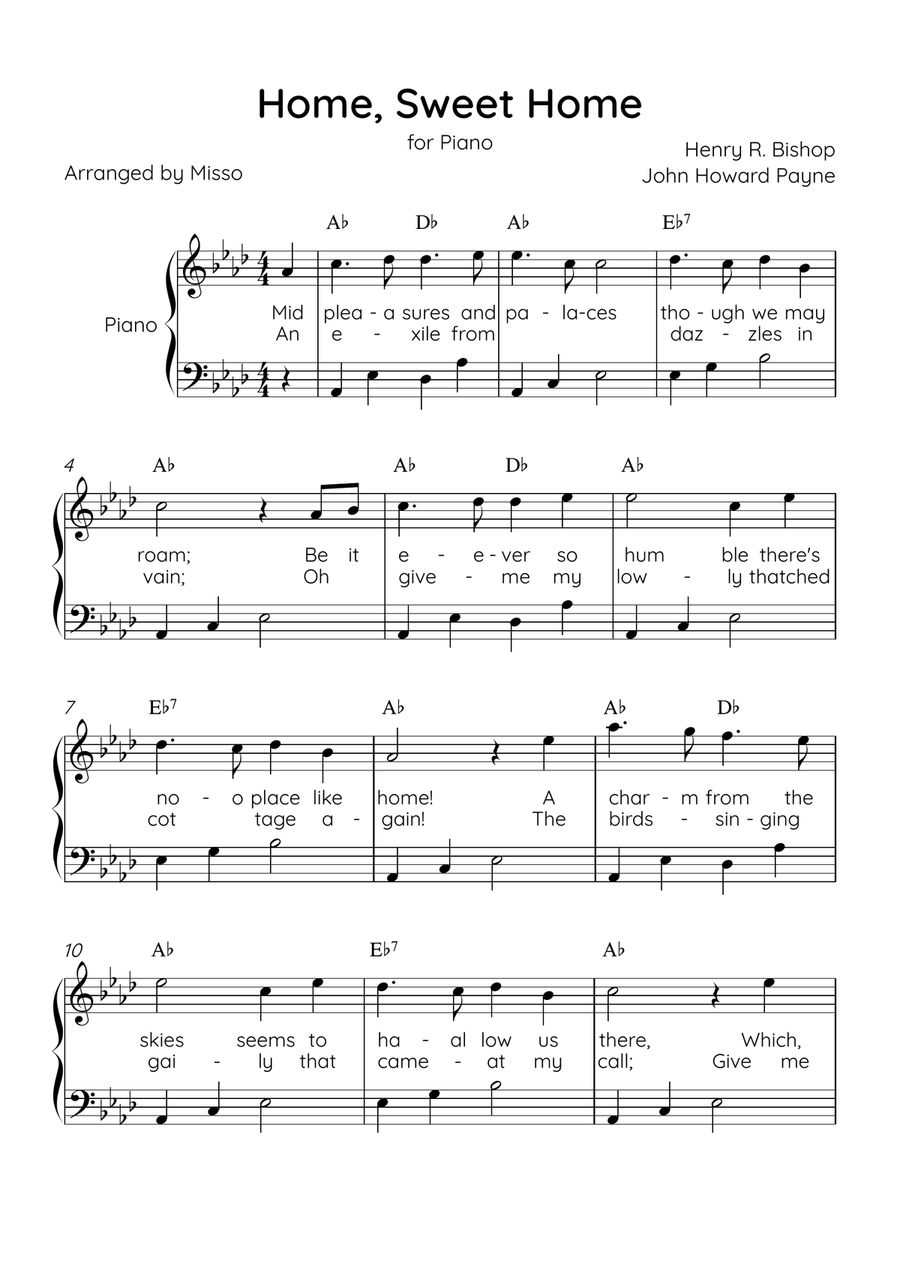 Home! Sweet Home! - Piano Solo in Ab Major - Lyrics & Chords - Easy Level Sheet Music Easy Piano scores gallery preview page 1
