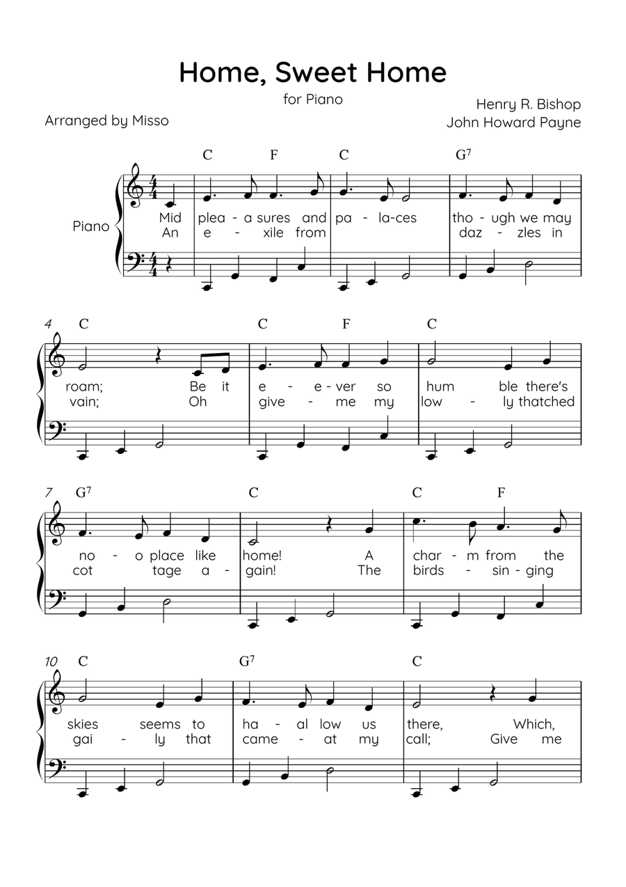 Home! Sweet Home! - Piano Solo in C Major - Lyrics & Chords - Easy Level Sheet Music Easy Piano scores gallery preview page 1