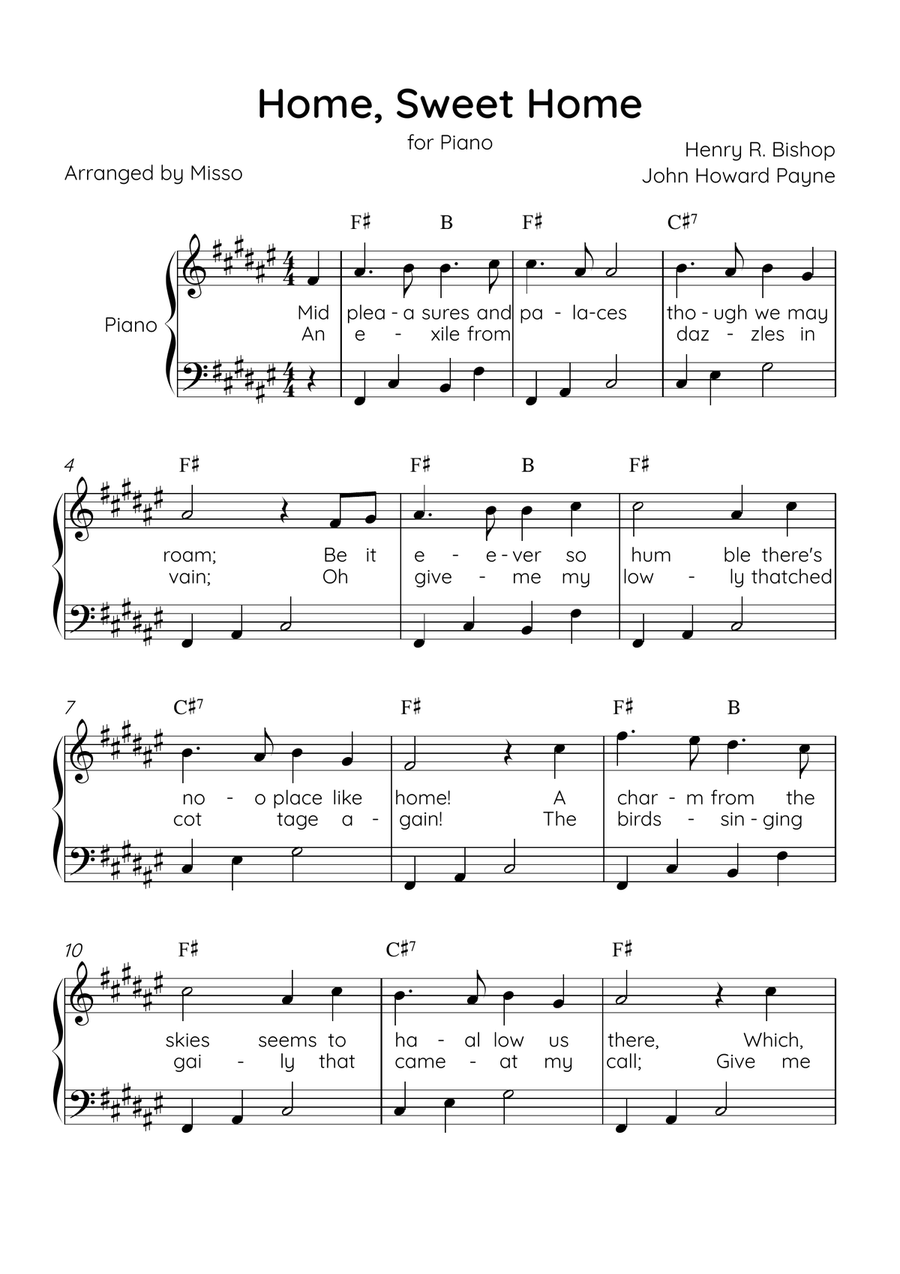 Home! Sweet Home! - Piano Solo in F# Major - Lyrics & Chords - Easy Level Sheet Music Easy Piano scores gallery preview page 1