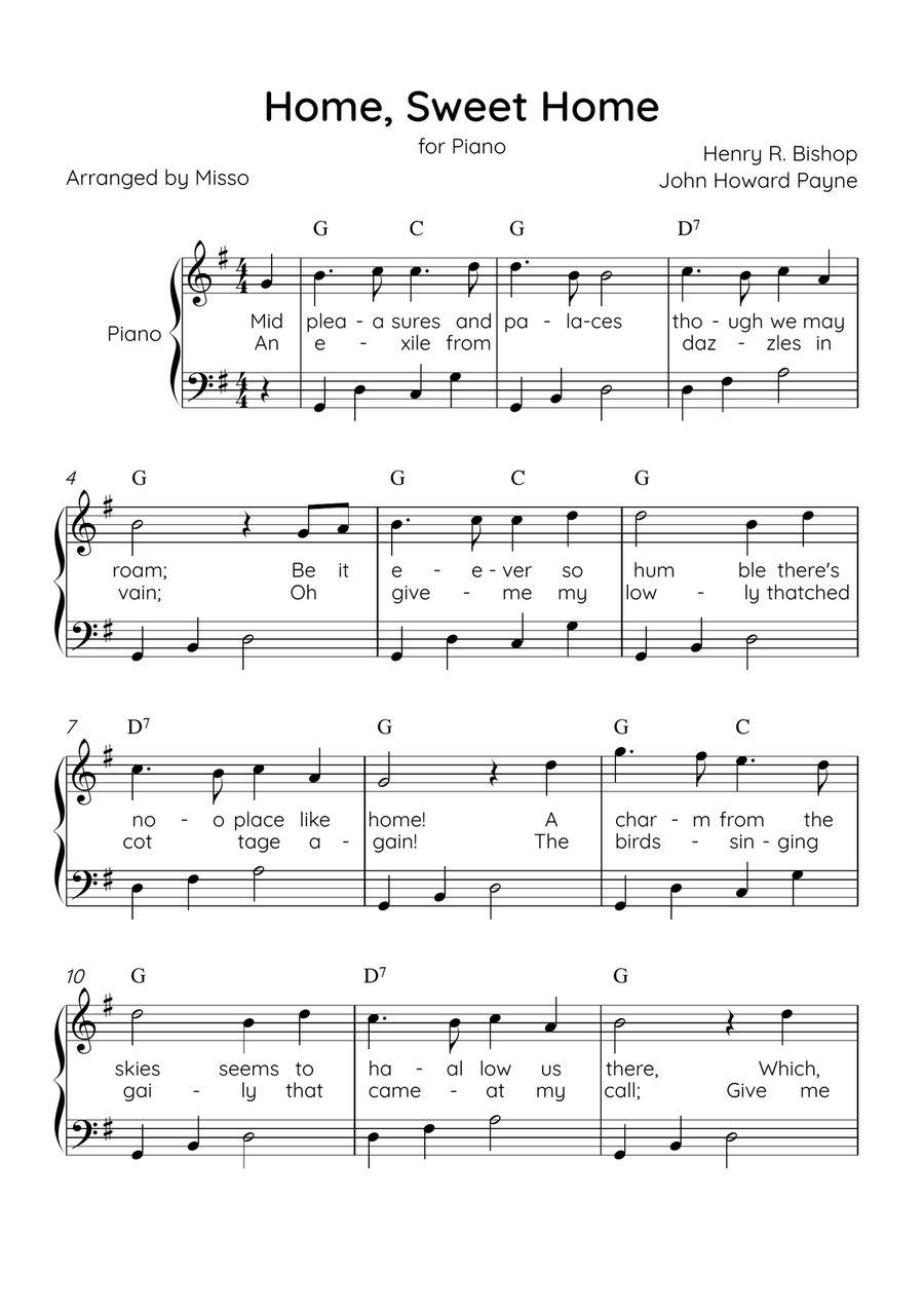Home! Sweet Home! - Piano Solo in G Major - Lyrics & Chords - Easy Level Sheet Music Easy Piano scores gallery preview page 1