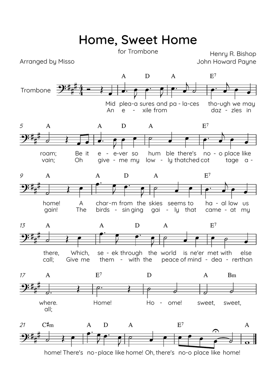 Home! Sweet Home! - Trombone Solo in A Major - Lyrics & Chords - Easy Level Sheet Music Trombone Solo scores gallery preview page 1