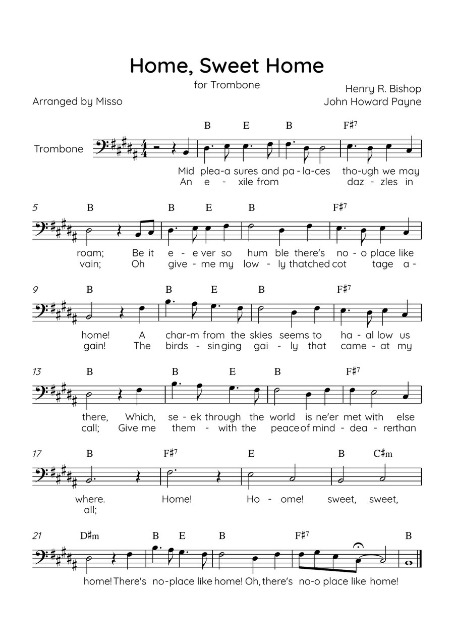 Home! Sweet Home! - Trombone Solo in B Major - Lyrics & Chords - Easy Level Sheet Music Trombone Solo scores gallery preview page 1