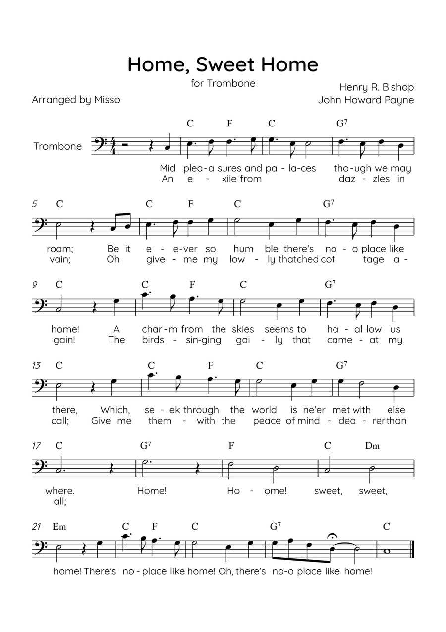 Home! Sweet Home! - Trombone Solo in C Major - Lyrics & Chords - Easy Level Sheet Music Trombone Solo scores gallery preview page 1
