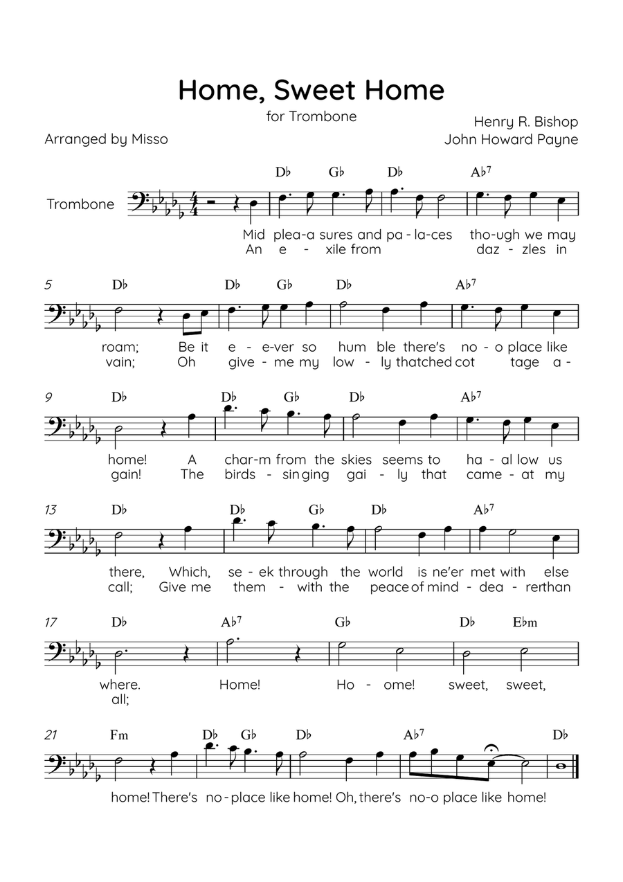Home! Sweet Home! - Trombone Solo in Db Major - Lyrics & Chords - Easy Level Sheet Music Trombone Solo scores gallery preview page 1