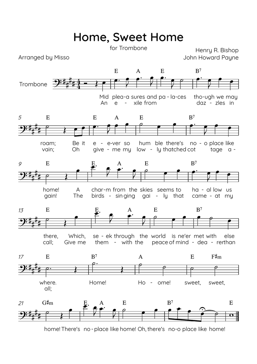 Home! Sweet Home! - Trombone Solo in E Major - Lyrics & Chords - Easy Level Sheet Music Trombone Solo scores gallery preview page 1