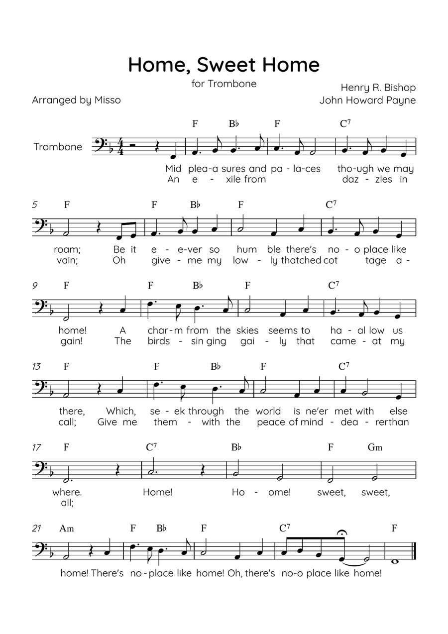 Home! Sweet Home! - Trombone Solo in F Major - Lyrics & Chords - Easy Level Sheet Music Trombone Solo scores gallery preview page 1