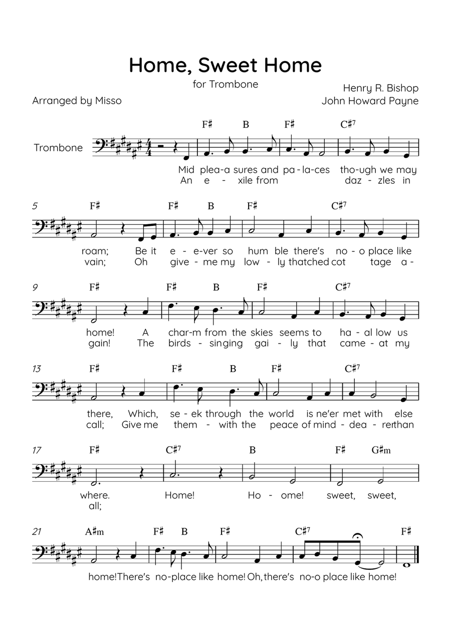 Home! Sweet Home! - Trombone Solo in F# Major - Lyrics & Chords - Easy Level Sheet Music Trombone Solo scores gallery preview page 1