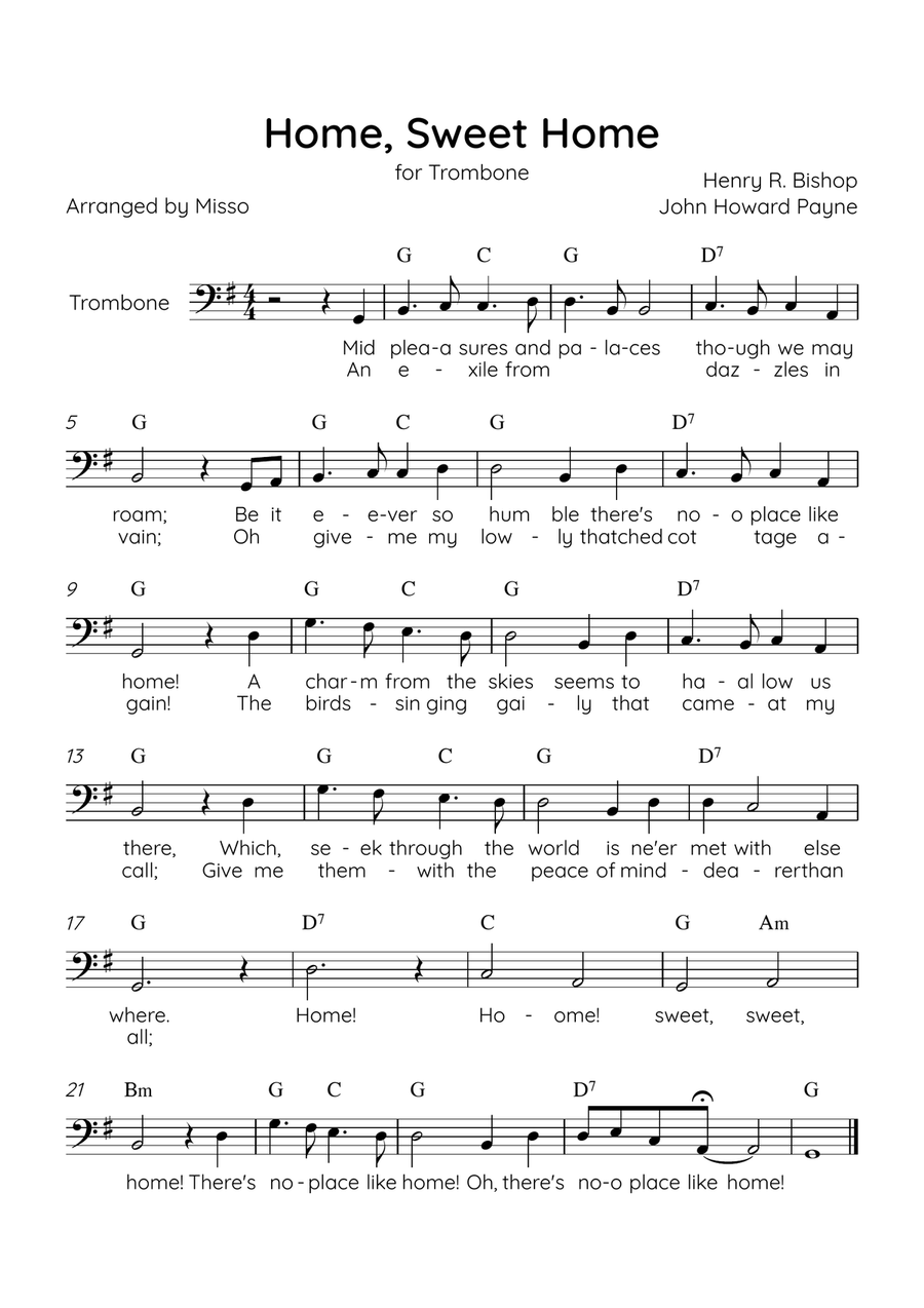Home! Sweet Home! - Trombone Solo in G Major - Lyrics & Chords - Easy Level Sheet Music Trombone Solo scores gallery preview page 1