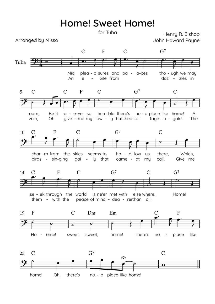 Home! Sweet Home! - Tuba Solo in C Major - Lyrics & Chords - Easy Level Sheet Music Tuba scores gallery preview page 1