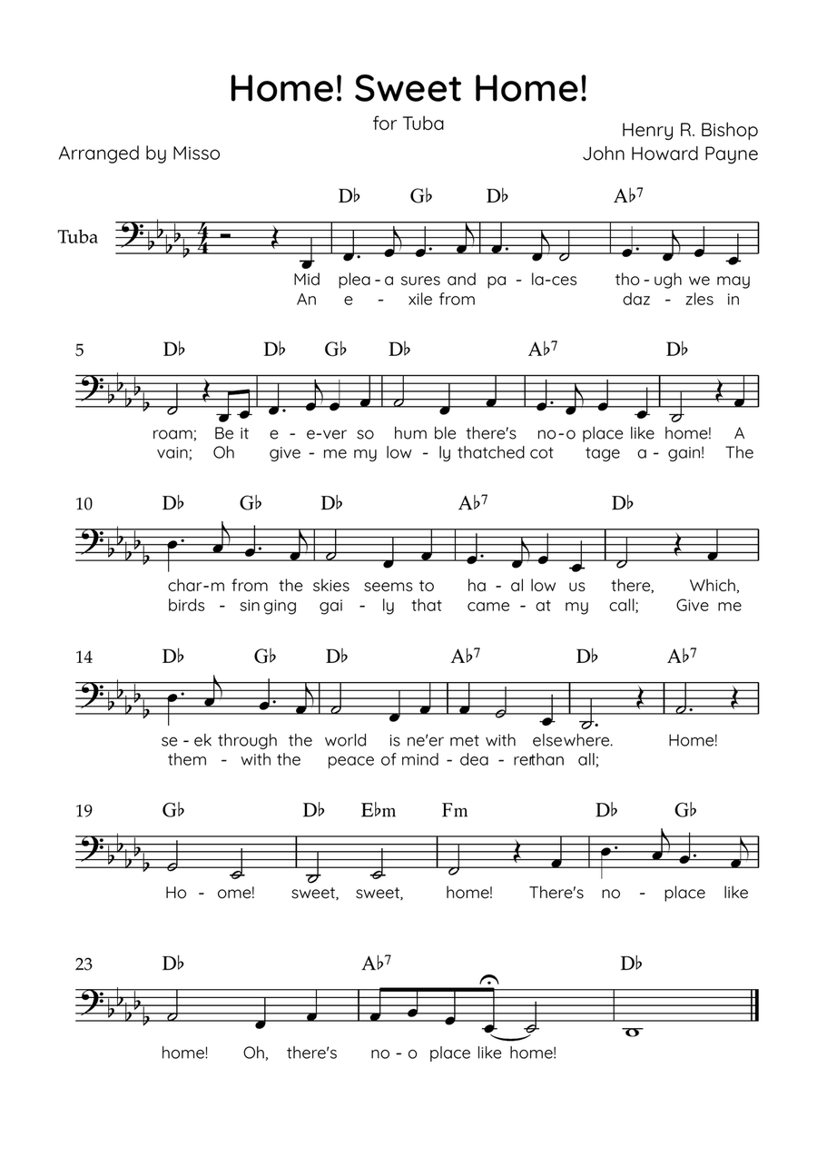 Home! Sweet Home! - Tuba Solo in Db Major - Lyrics & Chords - Easy Level Sheet Music Tuba scores gallery preview page 1