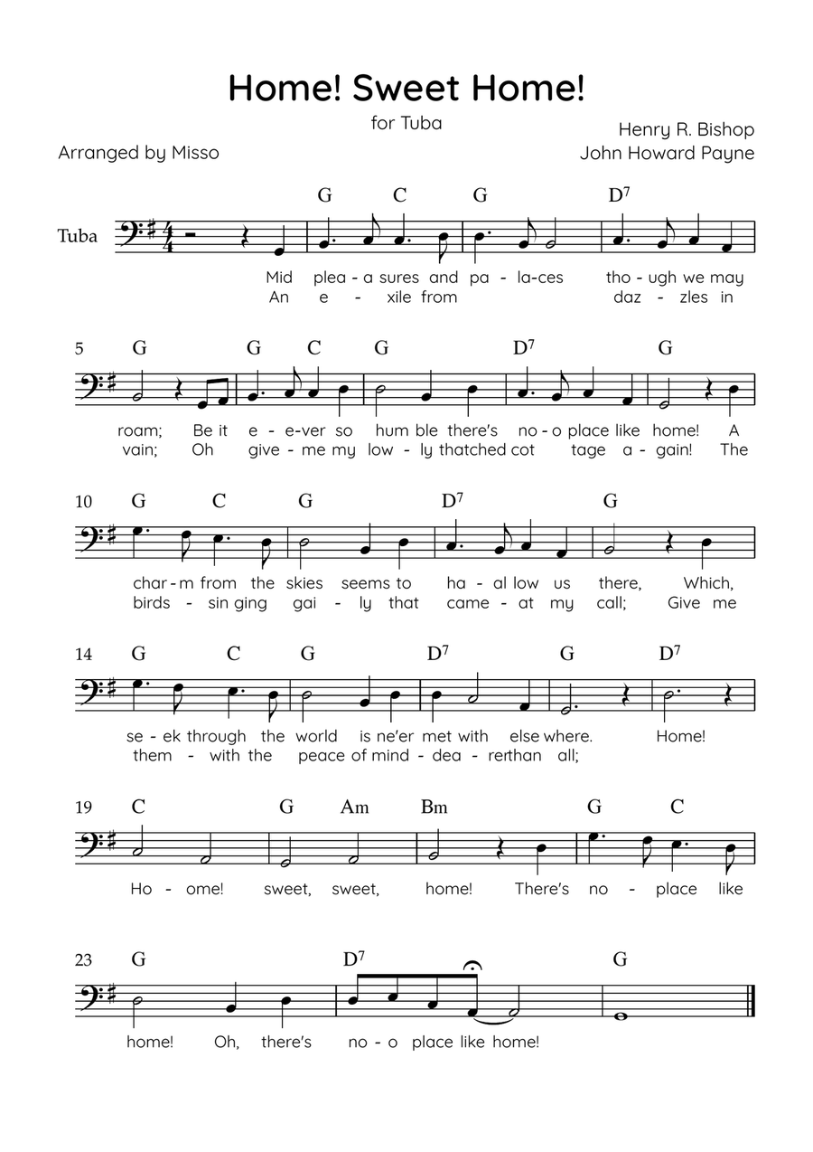 Home! Sweet Home! - Tuba Solo in G Major - Lyrics & Chords - Easy Level Sheet Music Tuba scores gallery preview page 1
