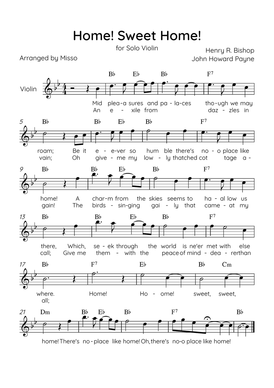 Home! Sweet Home! - Violin Solo in Bb Major - Lyrics & Chords - Easy Level Sheet Music Violin Solo scores gallery preview page 1