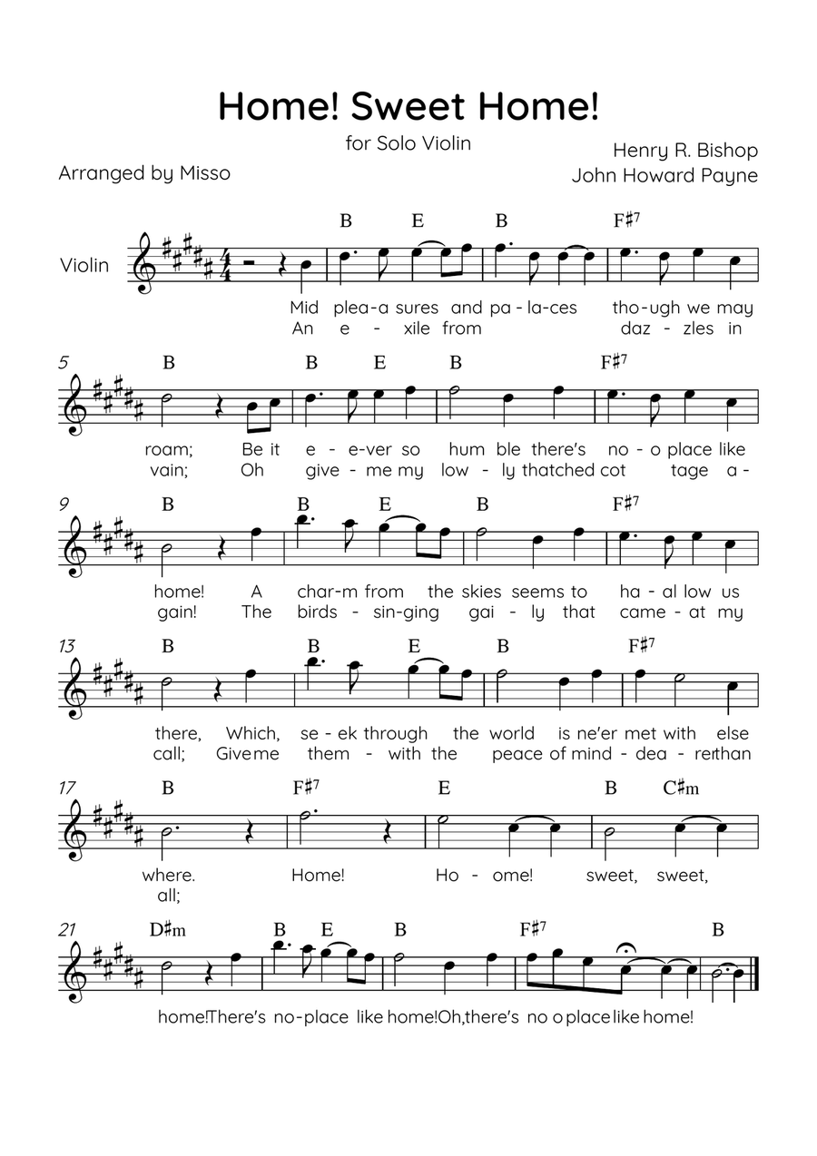 Home! Sweet Home! - Violin Solo in B Major - Lyrics & Chords - Easy Level Sheet Music Violin Solo scores gallery preview page 1