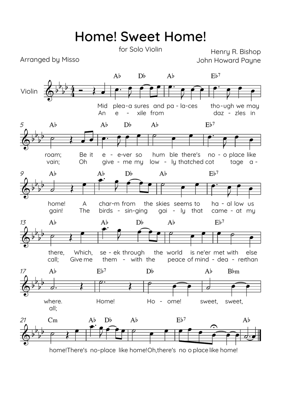 Home! Sweet Home! - Violin Solo in Ab Major - Lyrics & Chords - Easy Level Sheet Music Violin Solo scores gallery preview page 1