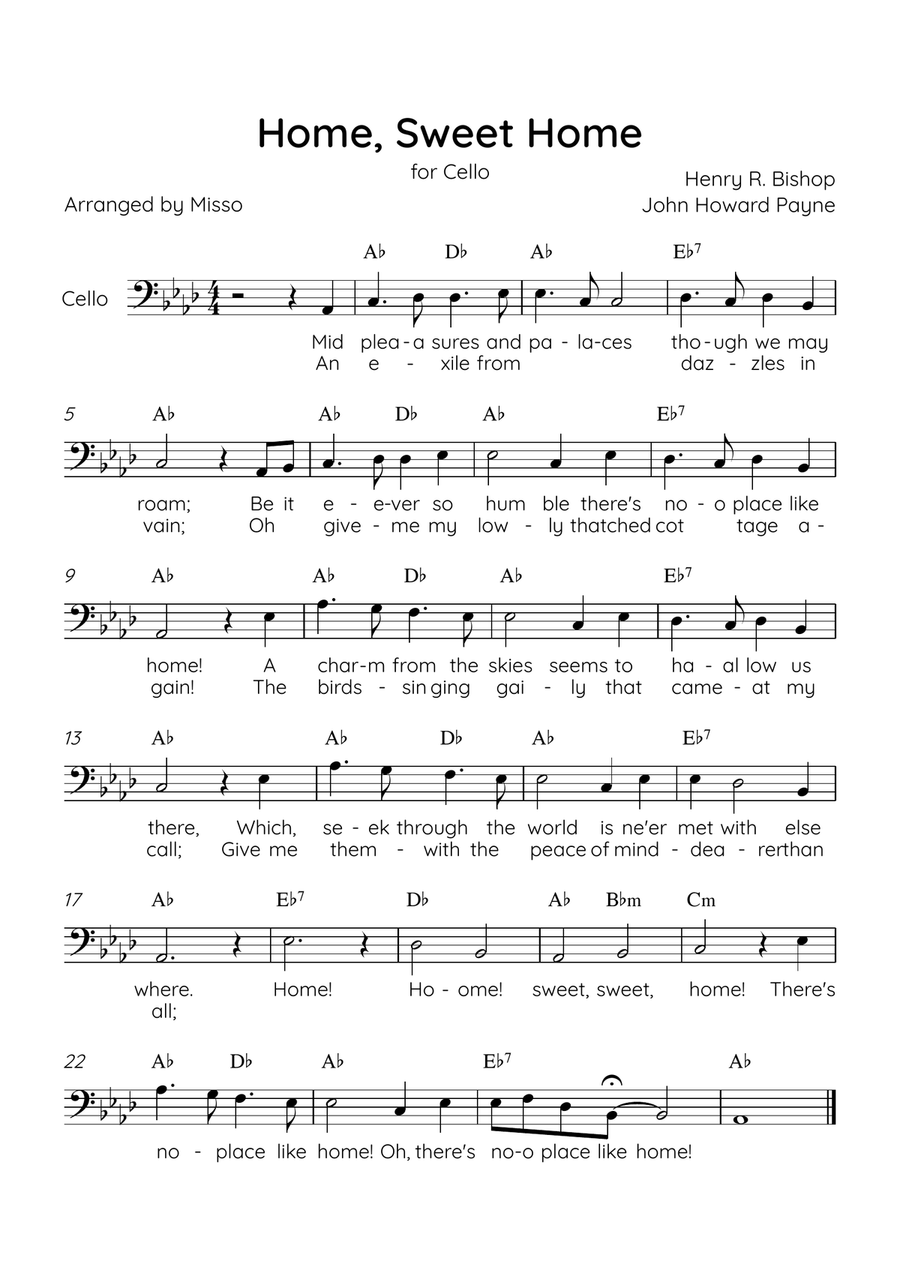 Home! Sweet Home! - Cello Solo in Ab Major - Lyrics & Chords - Easy Level Sheet Music Cello Solo scores gallery preview page 1