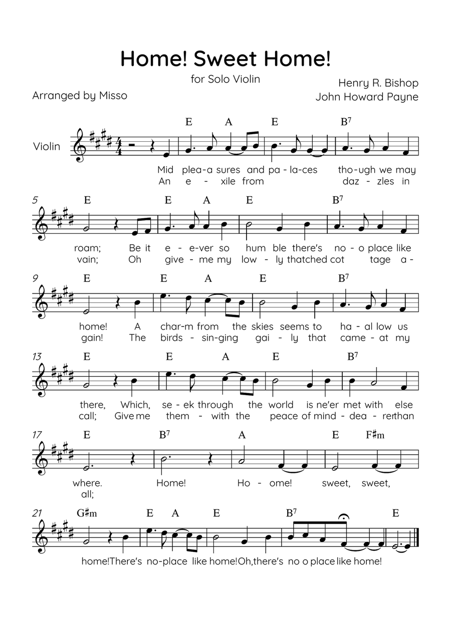 Home! Sweet Home! - Violin Solo in E Major - Lyrics & Chords - Easy Level Sheet Music Violin Solo scores gallery preview page 1