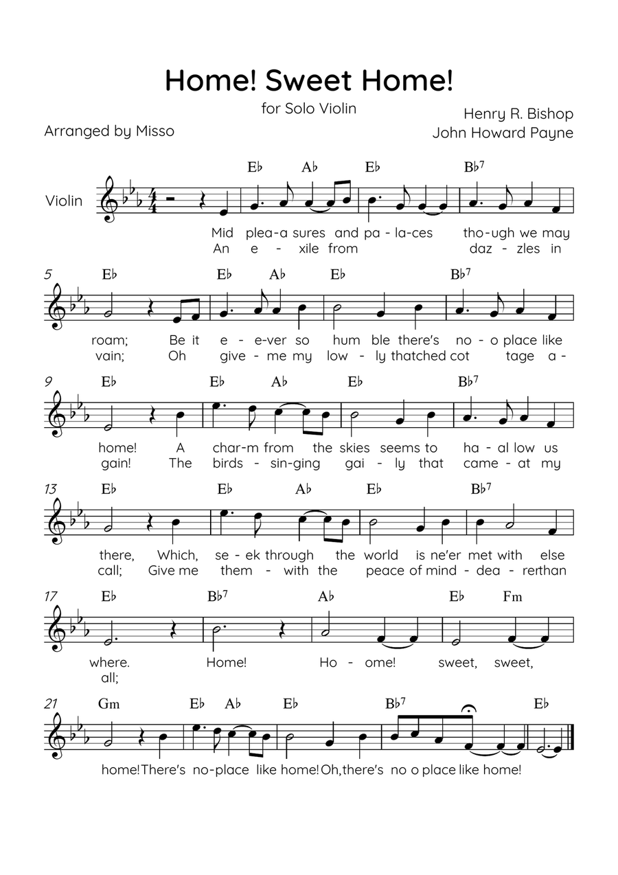 Home! Sweet Home! - Violin Solo in Eb Major - Lyrics & Chords - Easy Level Sheet Music Violin Solo scores gallery preview page 1