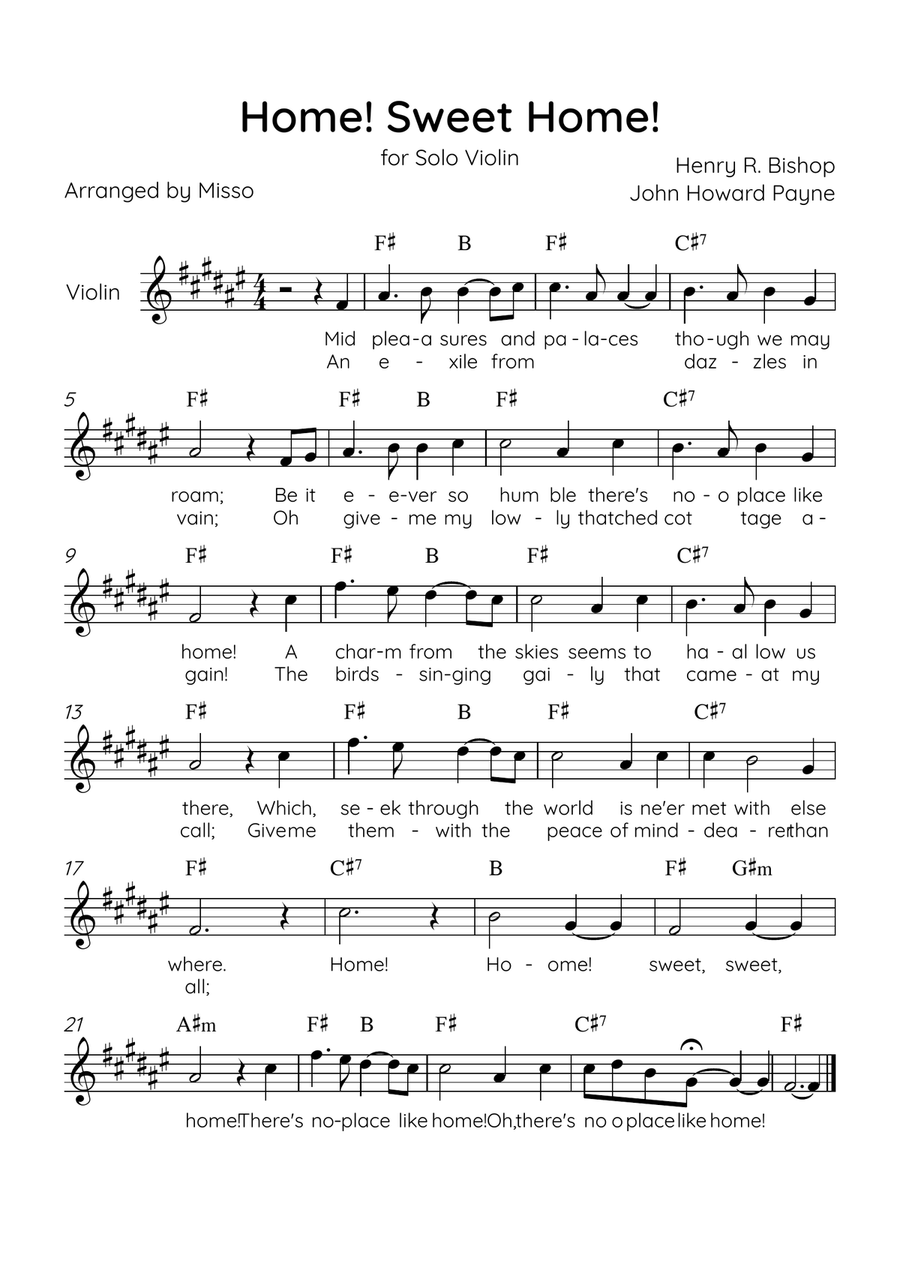 Home! Sweet Home! - Violin Solo in F# Major - Lyrics & Chords - Easy Level Sheet Music Violin Solo scores gallery preview page 1