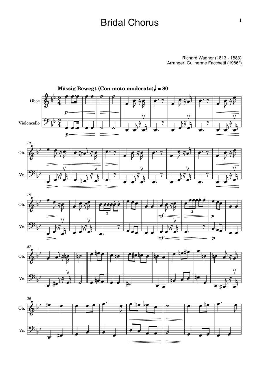 Bridal Chorus. R. Wagner - Arranged for Oboe and Cello Chamber Music scores gallery preview page 1